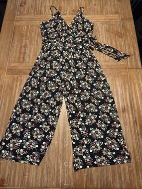 Kaileigh Black Floral Wrap Jumpsuit with Self-Tie Waist